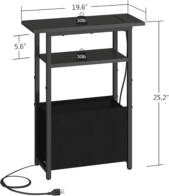 Narrow Side Table with Charging Station, Small End Table for Small Spaces, Skinny Nightstands with Storage Basket, 3 Tier Sofa Couch Bedside Tables for Living Room,Bedroom, Black