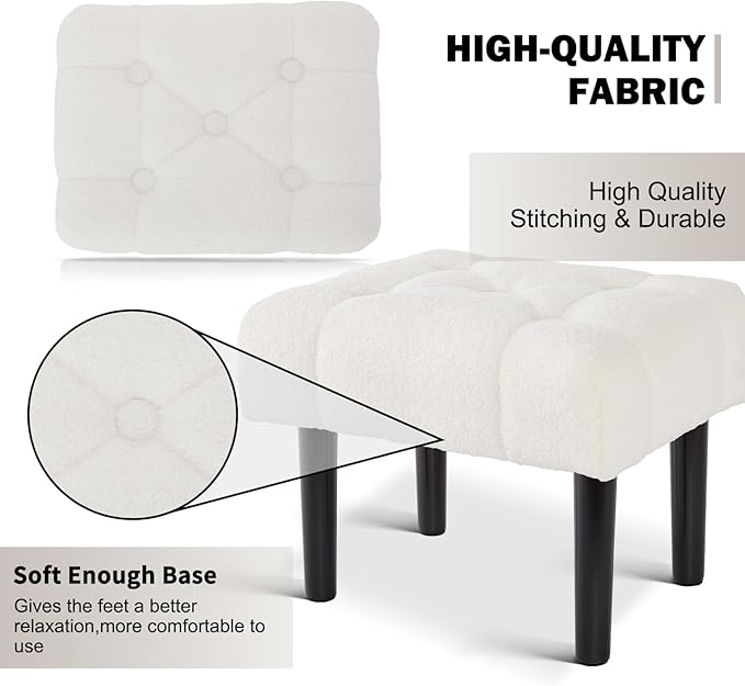 HOUCHICS Fur Padded Foot Stool, Small Ottoman with Wooden Legs, Modern Rectangle Chair Foot Rest for Living Room, Couch, Desk (White)