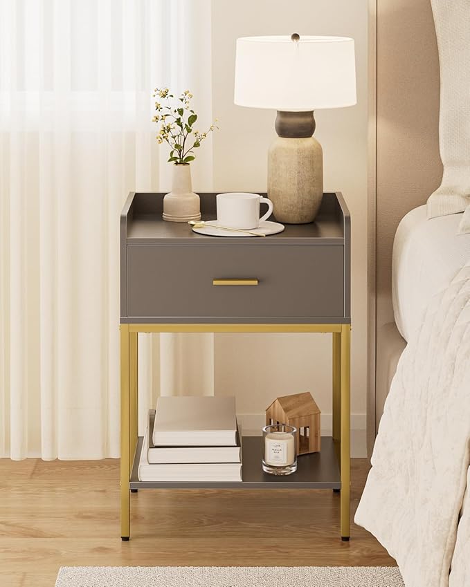 Nightstand,3-Tier Modern Night Stand,Bedside Table with Storage Drawer and Shelf,Small Side Table for Bedroom,Living Room,Gray