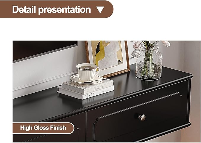 Retro Floating TV Console with 3 Doors,47'' High Gloss Floating TV Stand,Wall Mounted TV Cabinet,Contemporary Floating Media Console for Under TV Storage,Living Room,Bedroom(Black)