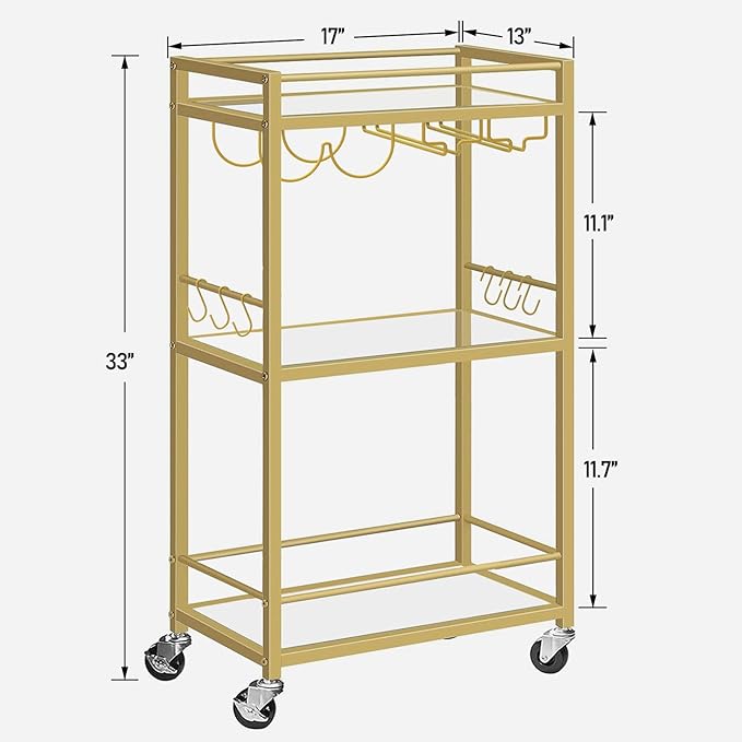 TUTOTAK Bar Cart, Home Bar Serving Cart with 3-Tier Mirrored Shelf, Drink Cart, Mobile Kitchen Shelf with Wine Rack, Gold BC01BB033