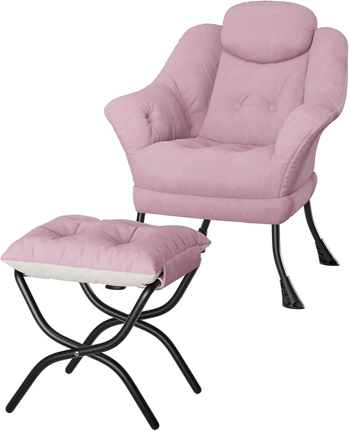 IDEALHOUSE Lazy Chair with Ottoman - Modern Living Room Chairs for Small Spaces, Ergonomic Reading Chair with Armrests, Comfy Chair with Ottoman for Bedroom & Living Room, Pink
