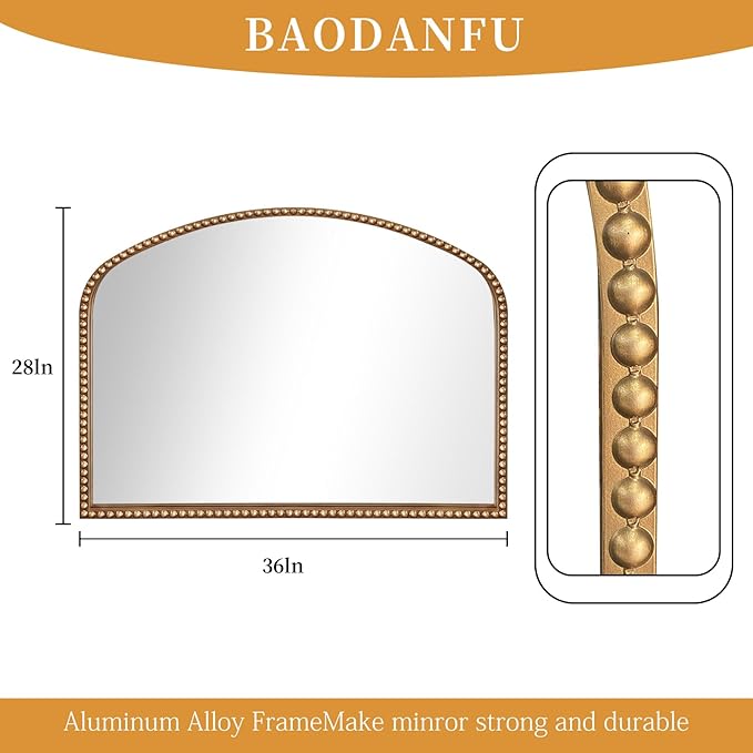 Vanity Mirror for Bedroom, 35" x 28" Large Arch Vintage Gold Wall Mirror, Beaded Frame Decorative Accent Mirrors for Washroom, Living Room, Entryway, Bathroom, Fireplace