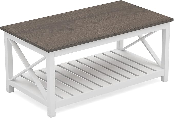 ChooChoo Coffee Table, Rustic Farmhouse Table with Shelf for Living Room, Vintage Finish White