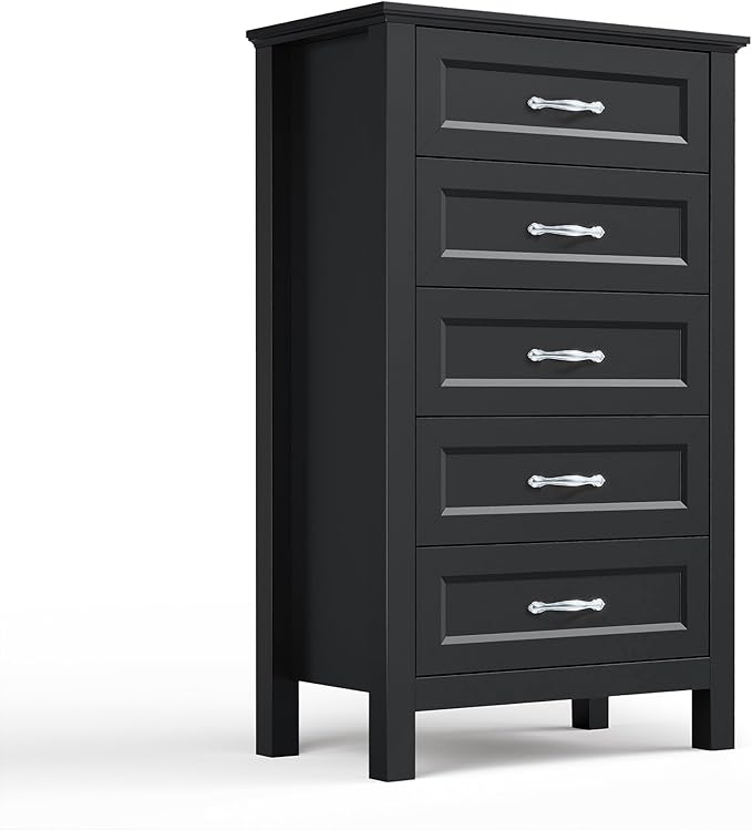 LINSY HOME Tall Dresser for Bedroom with 5 Drawers, 45" Tall Dressers & Chests of Drawers, Modern Farmhouse Large Vertical Dresser with Wood Legs for Bedroom, Closet, Living Room, Hallway, Black