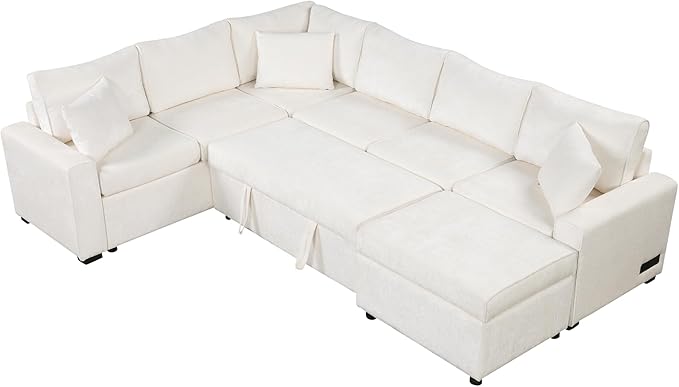 112" Luxurious Pull-out Sofa Bed Sleeper with Storage Ottoman,Sectional Sleeper Couch W/ 3 Pillows,2 USB ports & 2 Power Sockets,Corner Furniture Set for Living Room Large Space,Cream Chenille