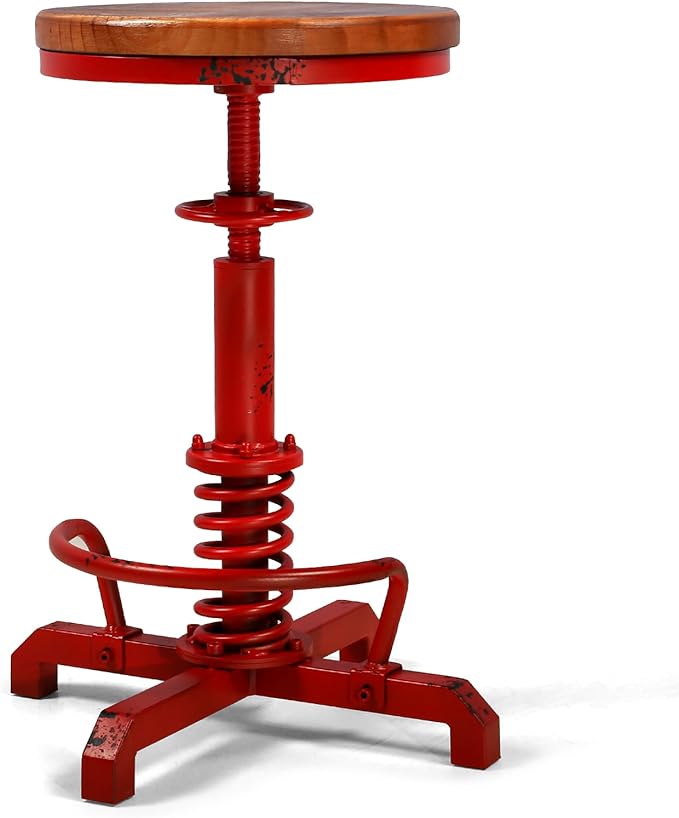 LOKKHAN American Antique Steampunk Bar Stool 24.41"-28.35" Vintage Industrial Adjustable Swivel Backless Counter Stool for Home, Dining, Breakfast, Pub, (Heavy Duty Metal & Wood, Aged Red, Brown Top)