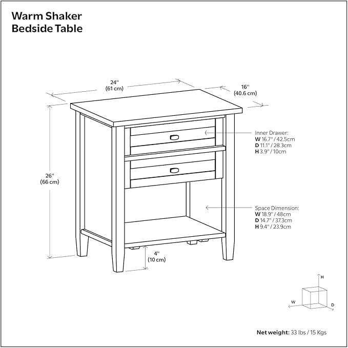 SIMPLIHOME Warm Shaker SOLID WOOD 24 Inch Wide Transitional Bedside Nightstand Table in Hickory Brown, For the Living Room and Bedroom