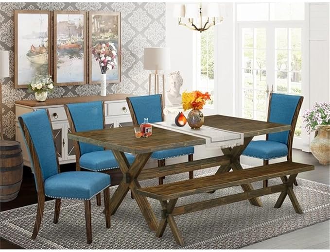 East West Furniture X777VE721-6 6 Piece Dining Set Contains a Rectangle Dining Room Table with X-Legs and 4 Blue Color Linen Fabric Parson Chairs with a Bench, 40x72 Inch, Multi-Color