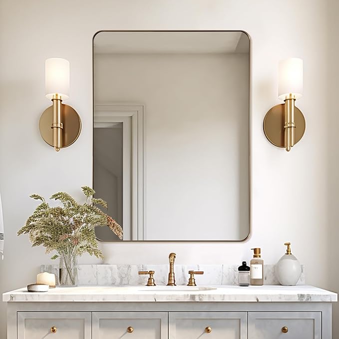 ANDY STAR 36”x48”Gold Bathroom Mirror for Wall, Brushed Brass Metal Rounded Corner Rectangle Mirror, Wall Mirror in Stainless Steel Metal Frame, 1”Deep Set Design Hangs Horizontal Or Vertical