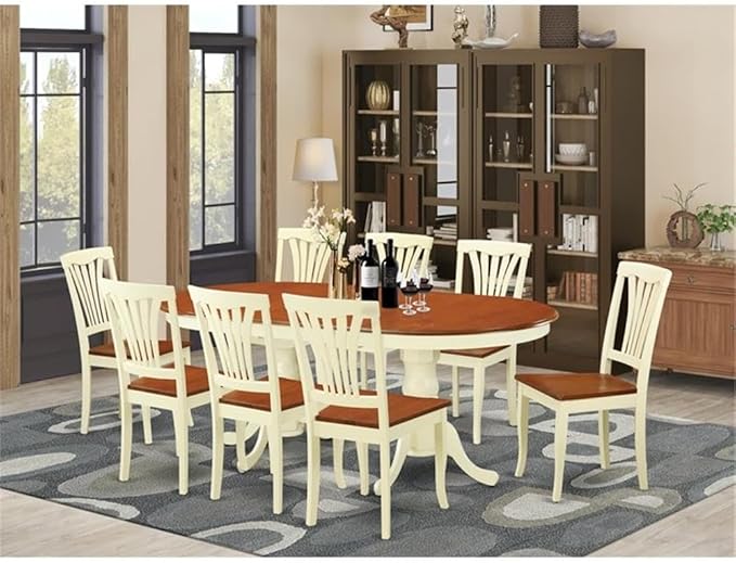 East West Furniture PLAV9-WHI-W 9 Piece Dining Set Includes an Oval Dining Room Table with Butterfly Leaf and 8 Wood Seat Chairs, 42x78 Inch, Buttermilk & Cherry