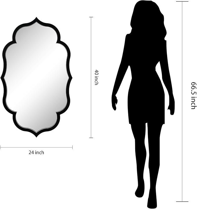 Empire Art Direct Curved Scalloped Wall Mirror on Black Matte Frame with Washed White Edges, Living Room, Bedroom & Office, 24" x 40" x 1"