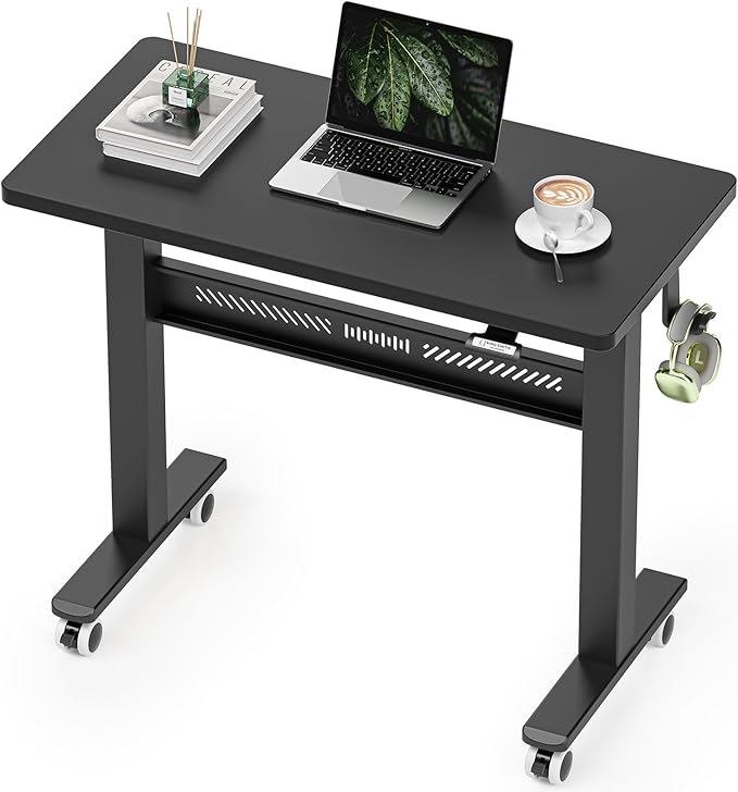 Mobile Walking Pad Desk with Wheels, Pneumatic Small Rolling Standing Desk Riser Height Adjustable (28-43.7") for Treadmill, Portable Computer Table for Home Office, Black