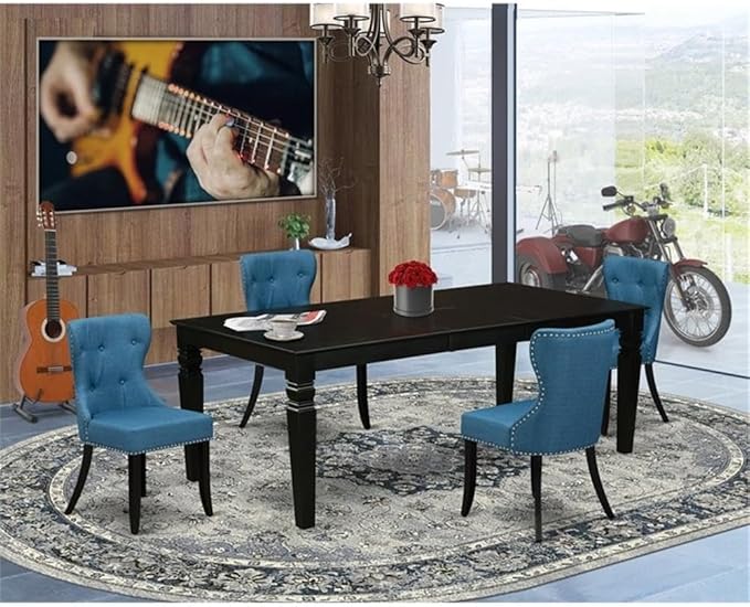 East West Furniture LGSI5-BLK-21 5 Piece Dining Set Includes a Rectangle Dining Room Table with Butterfly Leaf and 4 Blue Linen Fabric Upholstered Parson Chairs, 42x84 Inch, Black