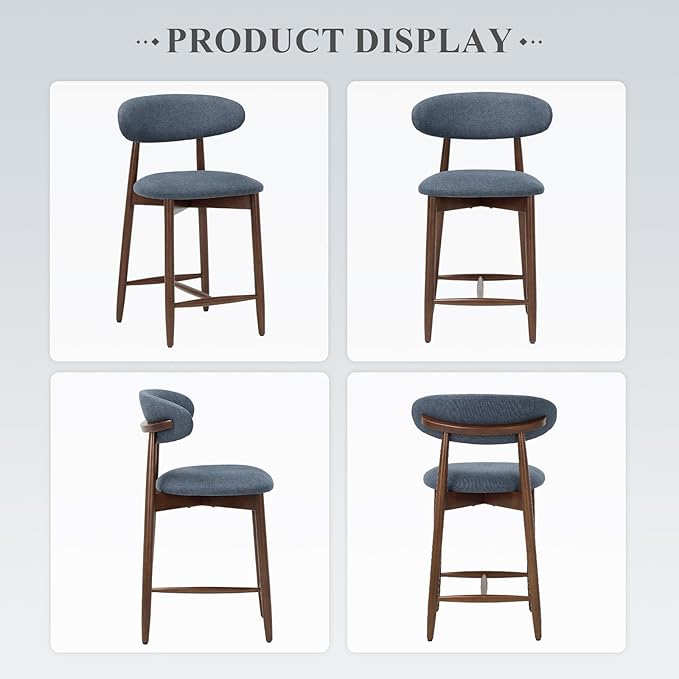 Upholstered Counter Height Bar Stools Set of 2, Modern Kitchen Island Barstools Chairs with Back and Wood Legs for Dining Room Bar, Blue