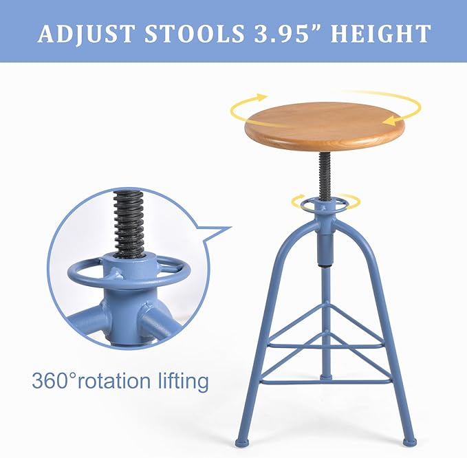 Industrial Bar Stools-Set of 2 24.4-28.3inch Counter Height Kitchen Stool-Modern Dinner Breakfast Chairs-Swivel Round Wooden Seat