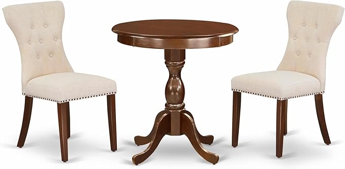 East West Furniture ESGA3-MAH-32 3 Piece Dining Table Set for Small Spaces Contains a Round Wooden Table with Pedestal and 2 Light Beige Linen Fabric Parson Chairs, 30x30 Inch, Mahogany