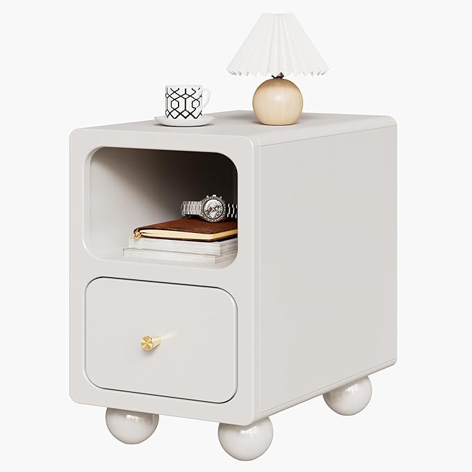 Solid Wood Nightstand, Narrow Night Stand with Drawers, White Mid Century Modern Nightstand, Small Beside Table with Open Storage Shelf for Bedroom (12 inch)