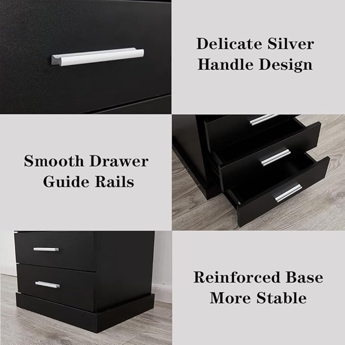 Black LED Nightstand with Charging Station, Side Table with 3 Drawers and Light, End Table with Open Storage, Beside Cabinet for Bedroom (Black)