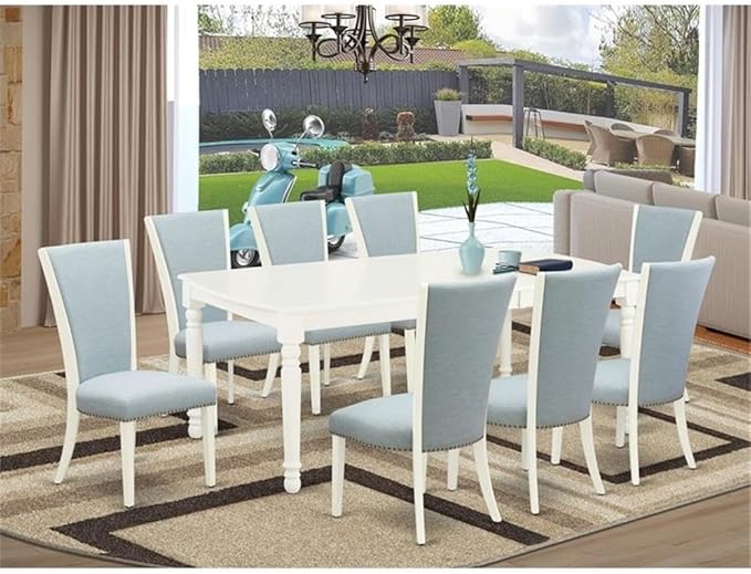 East West Furniture DOVE9-LWH-15 9 Piece Kitchen Table Set Includes a Rectangle Dining Table with Butterfly Leaf and 8 Baby Blue Linen Fabric Parson Dining Chairs, 42x78 Inch, Linen White