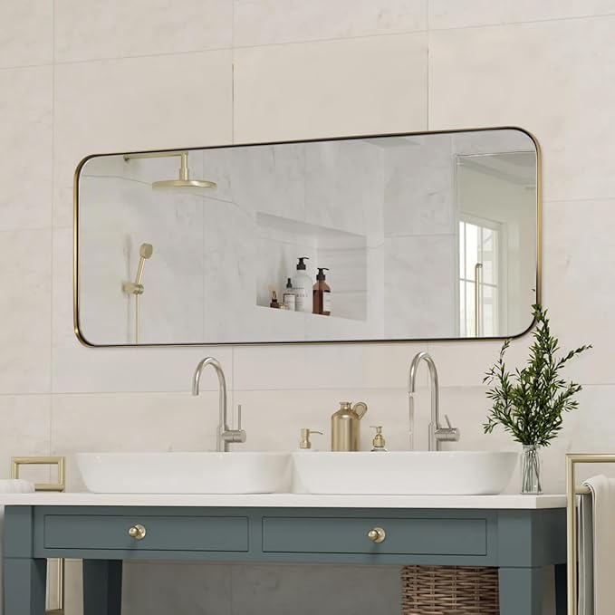 ANDY STAR 18" x 48" Full Length Wall Mirror, Large Brushed Gold Mirror for Bathroom, Rounded Corner Rectangle Body Mirror for Floor and Leaning