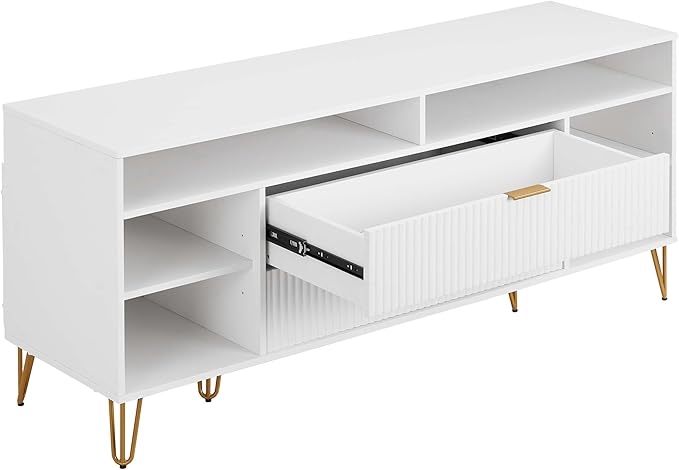 Manhattan Comfort Dumbo Mid Century Modern TV Stand for Televisions up to 60 Inches, Home Entertainment Center with Storage, 6 Shelves, 2 Drawers, No Tool Assembly, 63" Wide, White