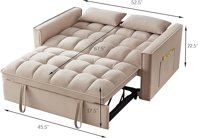 KEIKI Velvet Loveseat Convertible Sofa Bed Sleeper Chair with Adjustable Backrest, Pillows & Storage Pockets, 3 in 1 Pull-Out Couch Chaise Lounge Recliner for Living Room Balcony Bedroom, Taupe