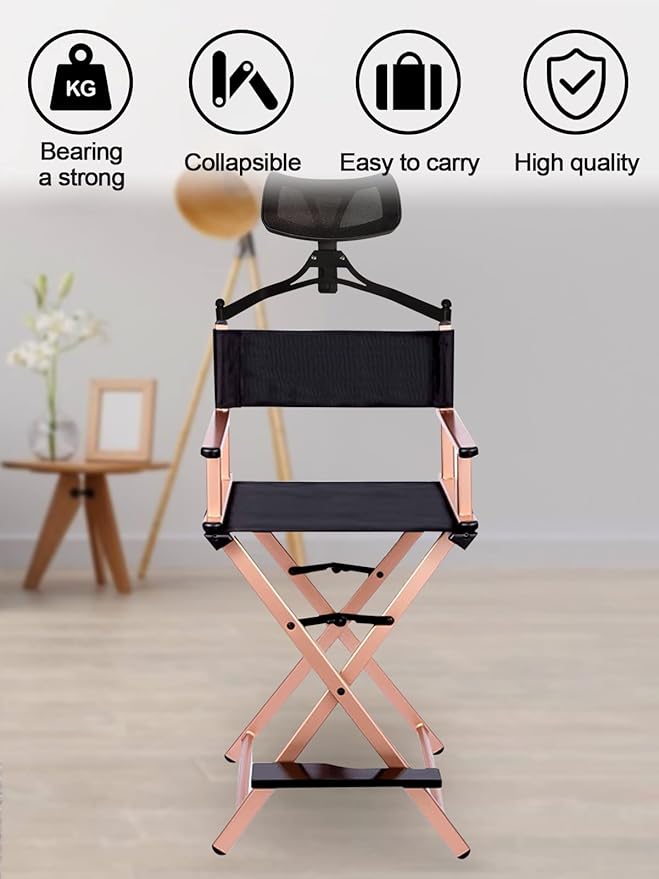 Lorvain Folable Makeup Artist Stool Chair, Protable Tall Folding Directors Chair, Aluminum Makeup Chair with Head Rest for Studio Salon Vanity, Bar Height - Gold Chair
