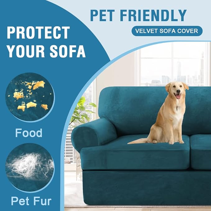 H.VERSAILTEX Sofa Cover 3 Piece T Cushion Loveseat Slipcovers Thick Velvet Couch Cover Furniture Protector Stretch T Cushion Sofa Covers for 2 Cushion Couch with 2 T Cushion Covers Washable, Deep Teal