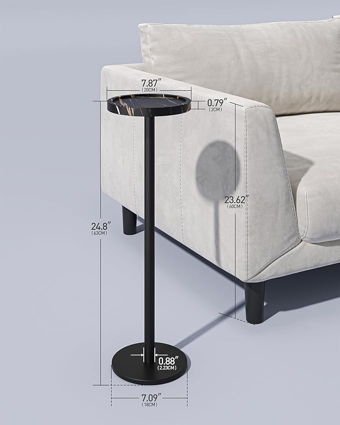 Drink Table, Small Pedestal Side Table, Round Cocktail Table, Circle End Table with Metal Base, for Small Spaces, Faux Marble, Black