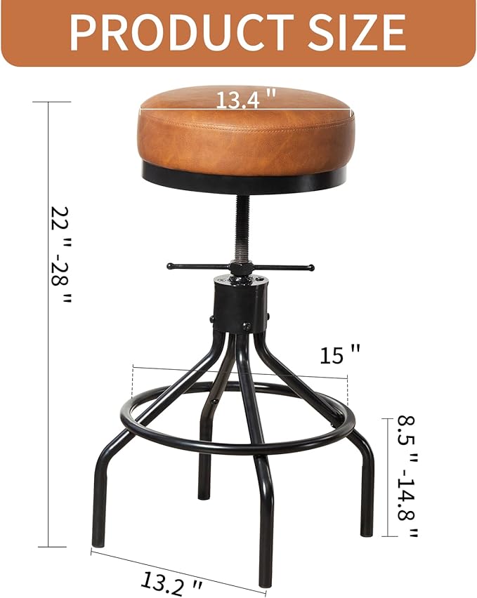 Industrial Bar Stools Adjustable Swivel Round Barstools Modern PU Leather 28inch Backless Counter Height Stool Metal Bar Chair for Kitchen Island (1, Brown)