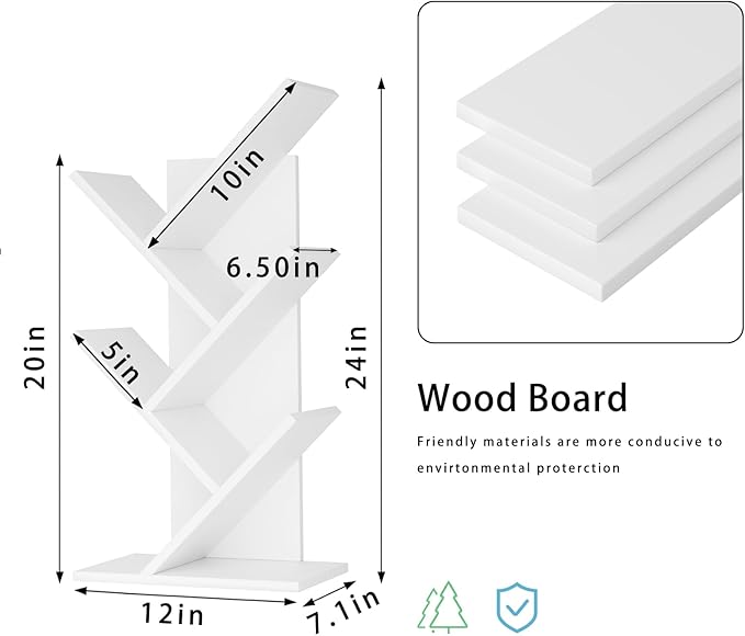 5 Tier Tree Book Shelf, Small Desktop Bookshelf with Storage Organizer, Wood Bookcase, Desk Display Bookshelves, Floor Standing Organizer Bookcases for Living Room,Bedroom,Office-White