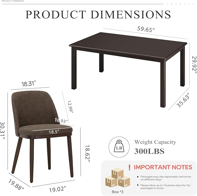 COLAMY 60 Inch Rectangular Kitchen Dining Table for 4, Modern Farmhouse Dining Table Set for 4, Wood Dining Table and Upholstered Dining Chairs for Kitchen, Dining Room, Restaurant, Brown/Dark Brown
