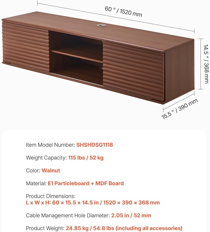 VEVOR Floating TV Stand, 60" Wall Mount Entertainment Center with Adjustable Shelf & Sliding Doors, 2 Tiers Floating TV Shelf with Storage Cabinet for DVD Player, Cable Box, Game Console, Walnut