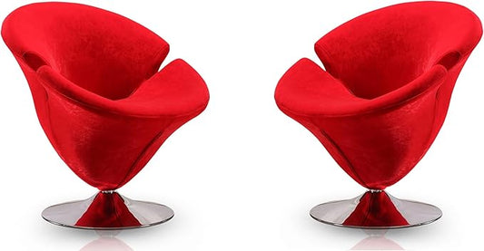 Manhattan Comfort Tulip Swivel Accent Chair Set of 2 with 360° Turn, Modern Flower Inspired Design, Soft Velvet Upholstery, Polished Chrome Base, No Assembly Required, 300 Lbs Capacity, Red