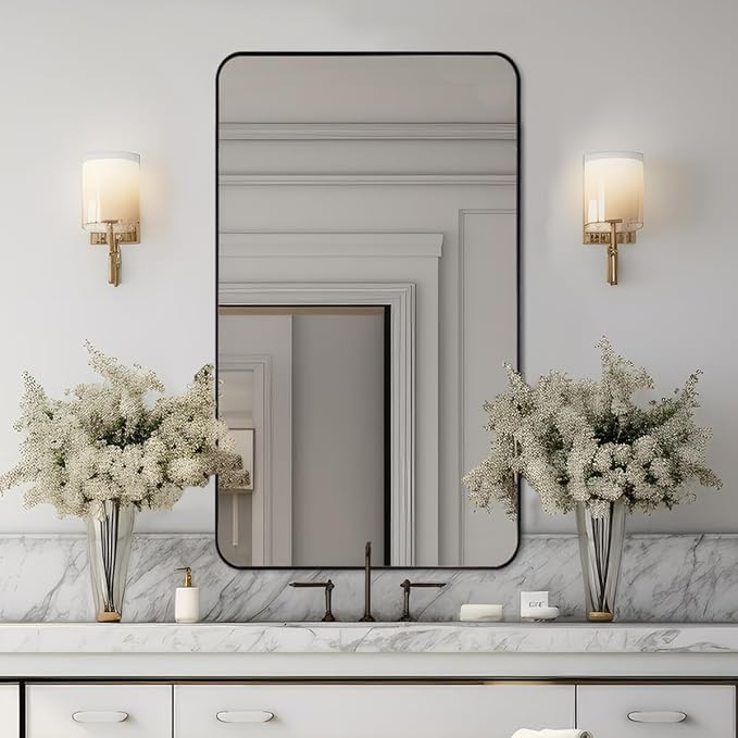 Black Mirrors for Bathroom, 24"x40" Rounded Corner Rectangle Mirror, Modern Metal Frame Bathroom Vanity Mirror for Home Decor Living Room Entryway (Horizontal/Vertical)