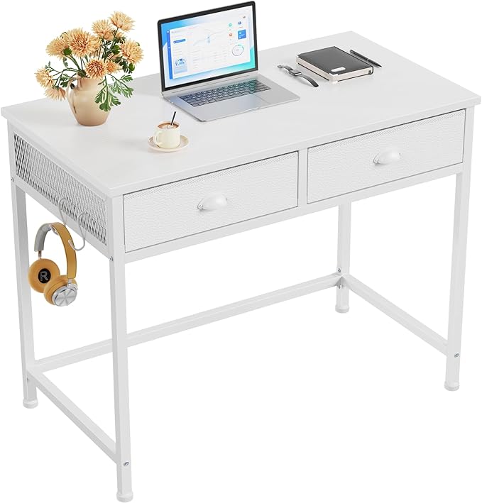 Furologee White Small Computer Desk with 2 Fabric Drawers for Bedroom,34 Inch Simple Home Office Writing Desk, Vanity Desk with Hooks, Study Table for Adults Student Small Spaces