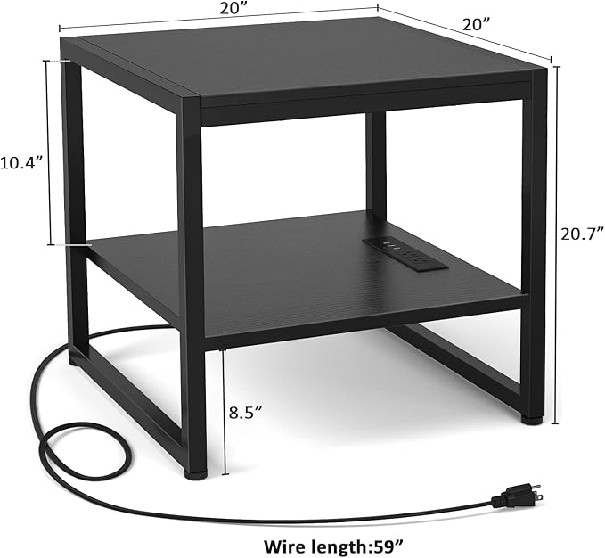 Homieasy End Table with Charging Station, 20 Inch Mini Fridge Stand with 2-Tier Open Shelf, Square Bedside Nightstand & Sofa Side Table for Small Spaces, Black - 2 Pack