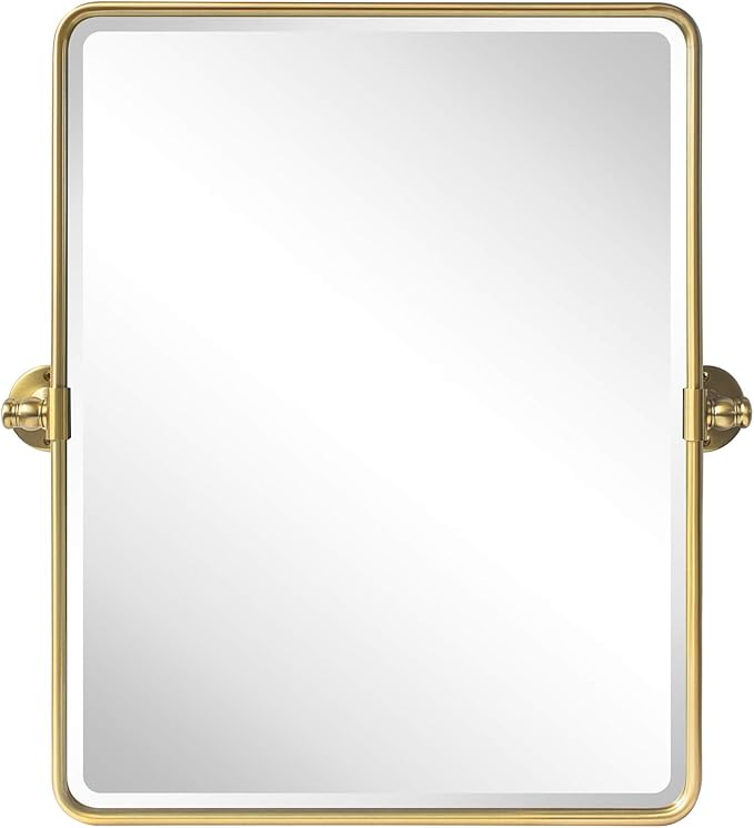 TEHOME 20 x 24 inch Farmhouse Gold Metal Framed Pivot Rectangle Bathroom Mirror Rounded Rectangluar Tilting Beveled Vanity Mirrors for Wall