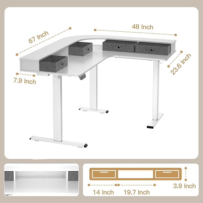 67" L Shaped Standing Desk, Electric Height Adjustable Corner Table with Drawers, Modern Standing Gaming Desk with Monitor Stand for Home Office Entertainment, Snow White