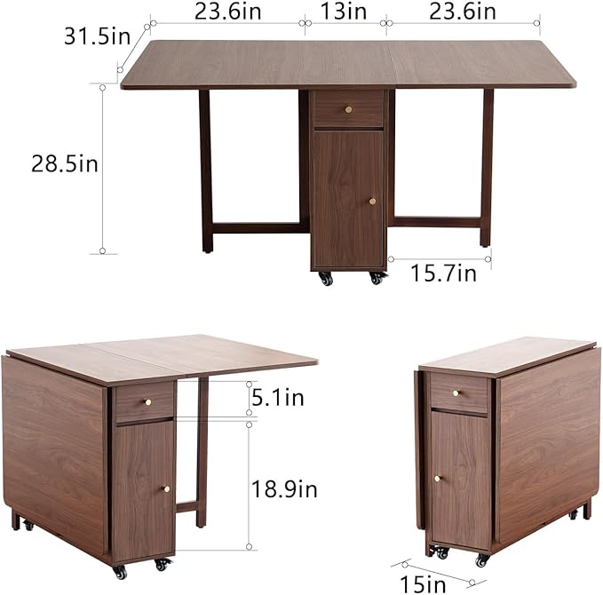 Walnut Drop Leaf Folding Dining Table with 2 Drawers and 4 Wheels, Wooden Padded Chairs Set of 2, Space Saving Dining Table with 4 Chairs