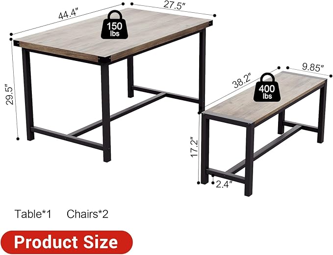 Garvee Dining Table Set for 4, Kitchen Table with Benches, 3 Piece Rectangular Dining Room Set with 2 Wooden Benches for Small Space, Apartment, Studio, Home, Rustic Gray