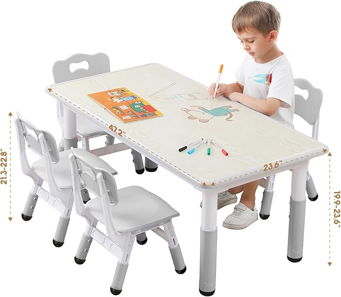 Kids Table and Chairs Set, Height Adjustable Desk With 6 Seats for Ages 2-12,Arts & Crafts Table,Graffiti Desktop, Non-Slip Legs, Max 300lbs, Children Multi-Activity Table for Classrooms,Daycares,Home