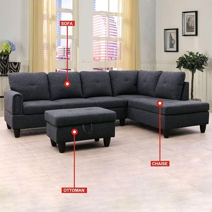 Black Grey L-Shaped 3-Piece Linen Sofa with Storage Ottoman Set, Sectional Couch Sofa Set for Living Room, Office, Small Space