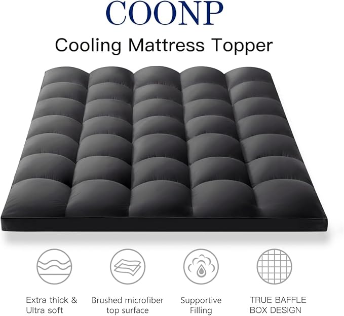 COONP Full Mattress Topper, Extra Thick Pillowtop, Cooling Plush Mattress Pad Cover Bed Topper Protector with 8-21 Inch Deep Pocket (Black, Full)