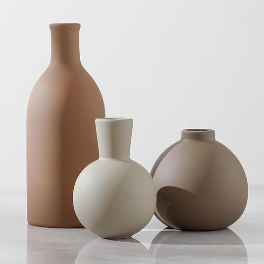 Ceramic Vase Set of 3, Vases Home Decor Rustic Farmhouse Decorative Vase Pottery Vases for Bouquet Pampas Grass Dried Fresh Flowers, Table Living Room Kitchen Bedroom Bathroom - Brown