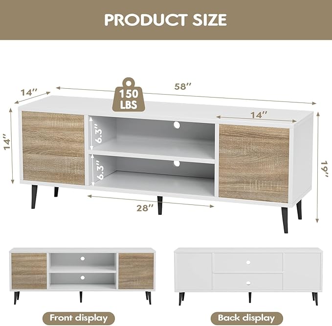 YESHOMY Modern TV Stand for 65" Television, Entertainment Center with Two Storage Cabinets and Open Shelves, Retro Style Media Console for Living Room, Bedroom, Office, 58 Inch, White and Oak