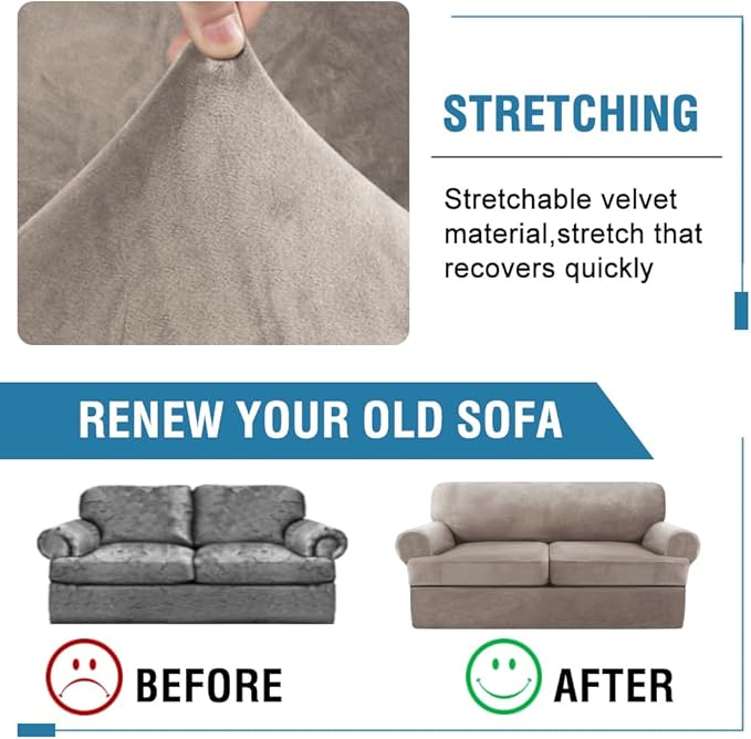 H.VERSAILTEX Sofa Cover 3 Piece T Cushion Loveseat Slipcovers Thick Velvet Couch Cover Furniture Protector Stretch T Cushion Sofa Covers for 2 Cushion Couch with 2 T Cushion Covers Washable, Taupe