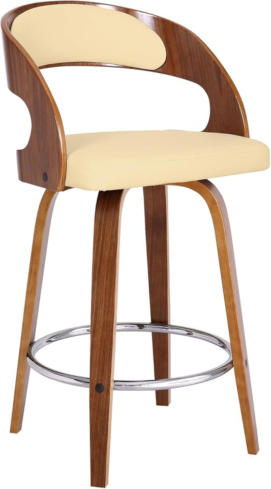 Armen Living Shelly 26" Counter Height Swivel Cream Faux Leather and Walnut Wood Bar Stool - Set of 2