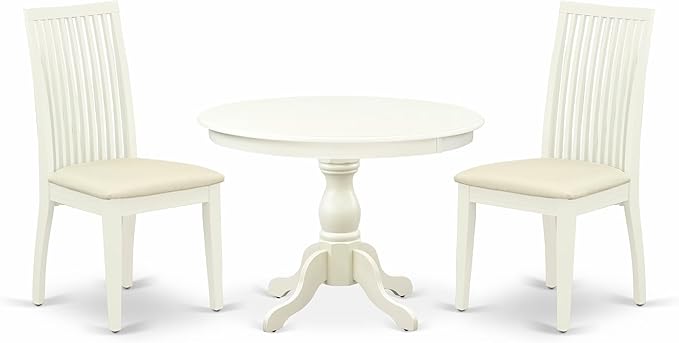 East West Furniture HBIP3-LWH-C 3 Piece Dinette Set for Small Spaces Contains a Round Dining Table with Pedestal and 2 Linen Fabric Upholstered Dining Chairs, 42x42 Inch, Linen White